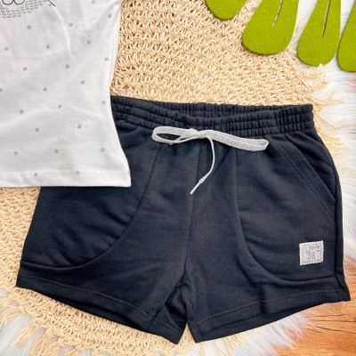 Conj. Blusa Cat e Short em Moletinho - Branco e Preto